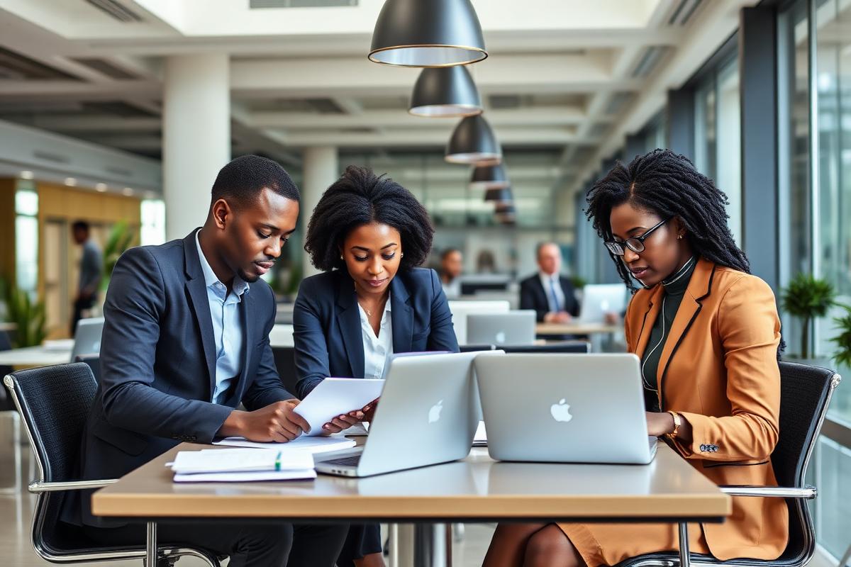 Recruitment consultants reviewing applicant files in the Legit Jobs Divine Agency office in Lagos
